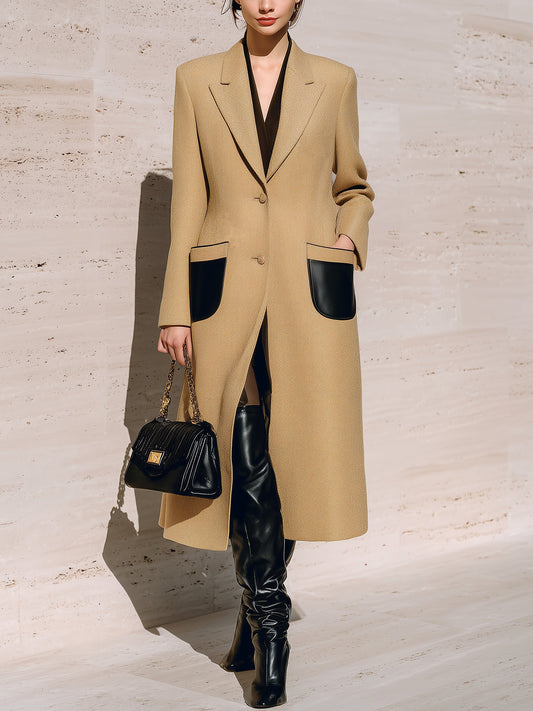 Taidalw Chic Vintage Khaki Wool Blend Peaked Collar Single-Breasted Black PU Patch Pocket Long Coat