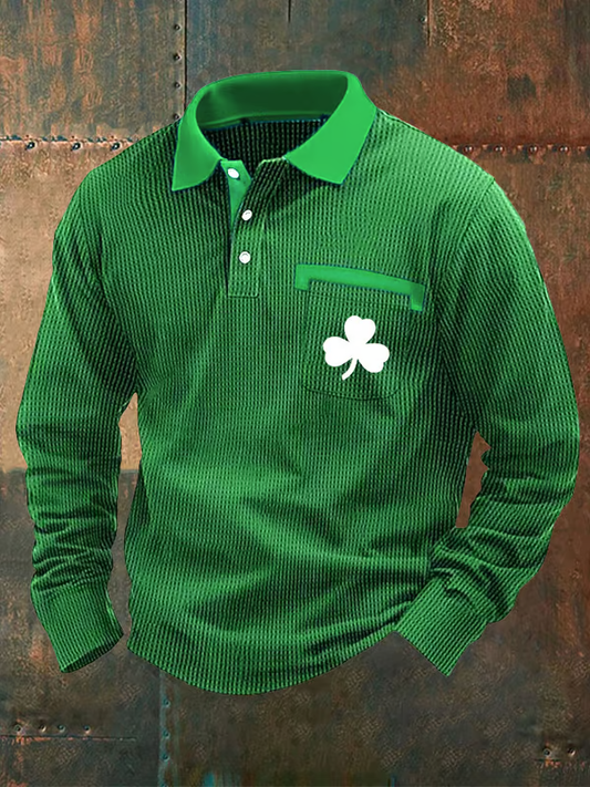 Men's St. Patrick's Day Shamrock Print Long Sleeve Polo Top