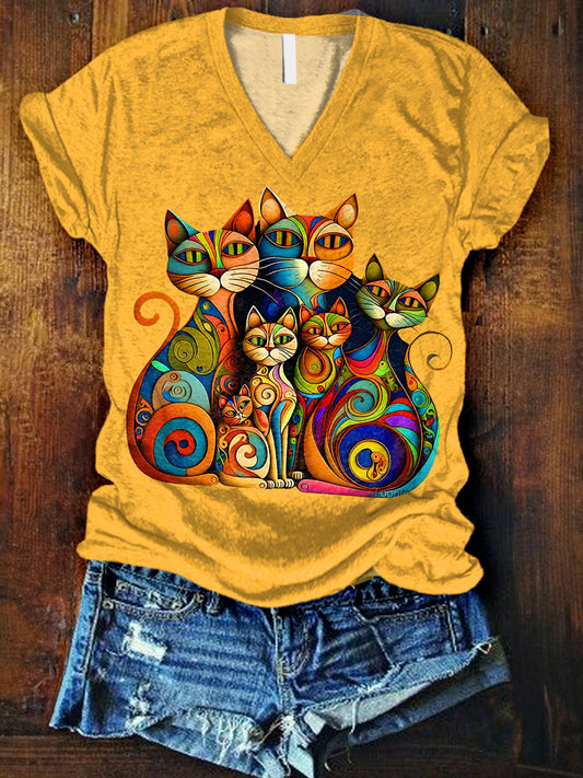 Retro Abstrct Cats Family Art Print V-neck Casual T-Shirt