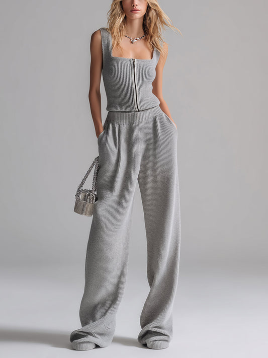 Taidalw Chic Casual Gray Slim-Fit Zipper-Up Tank Top Wide-Leg Pants Ribbed Knit Two-Piece Set