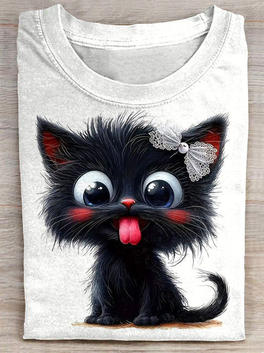 Cute Black Cat Art Print Casaul Short Sleeve T-shirt