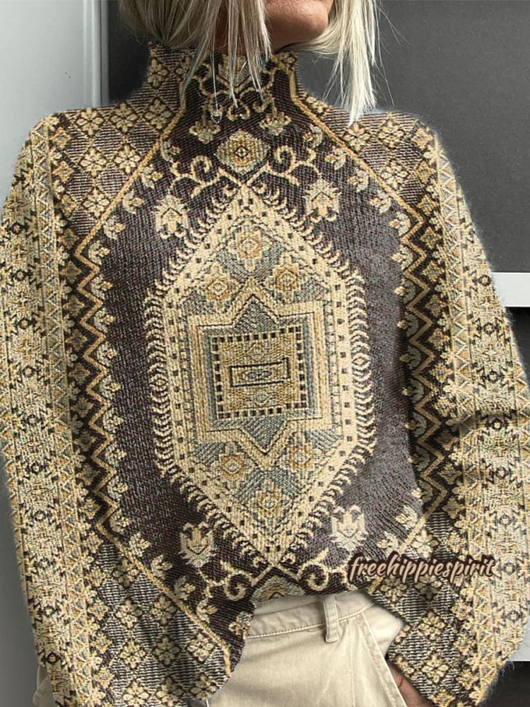 Women's Vintage Lovely Floral Art Print Knit Turtleneck Pullover Sweater