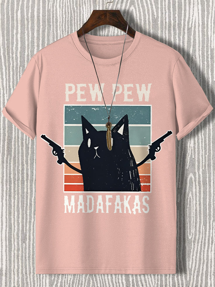 100% Cotton Pew Pew Madafakas Funny Cat Print Casual T-Shirt