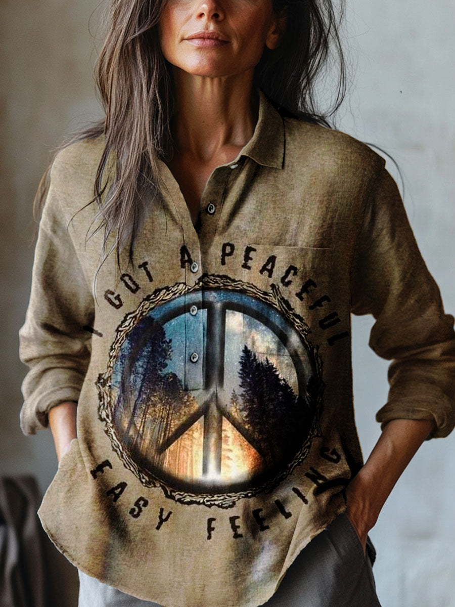 Women's Vintage Love and Peace Hippie Art Print Casual Cotton And Linen Shirt