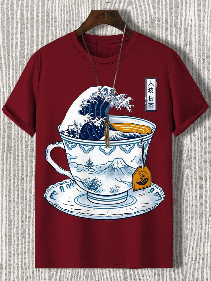 100% Cotton Wave Art In A Teacup Japanese Art Print  Casual T-Shirt