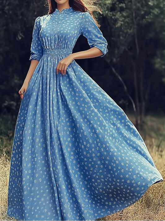 Maxi Linen Dress, 3/4 Sleeves, Stand Collar, Floral, Linen Blend, Blue