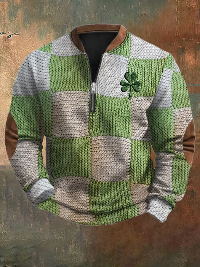 Men's Braided Jacquard St. Patrick's Day Embroidered Zip-Up Sweatshirt