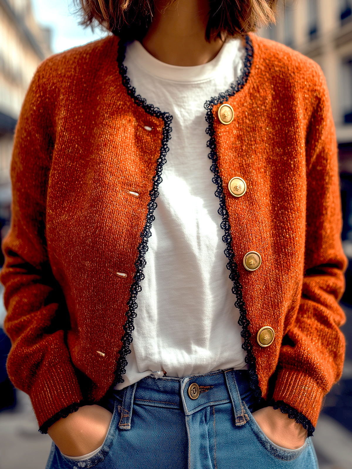 Taidalw Chic Casual Orange-Red Round Neck Gold Button-Front Contrast Lace Trim Cropped Knit Cardigan