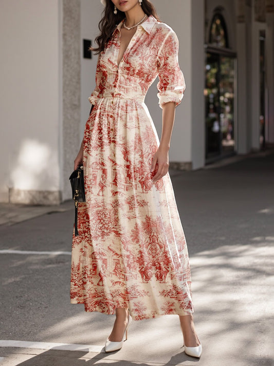 Maxi Linen Dress, Half Sleeve, Shawl Collar, Floral, Button Design, French Vintage, White