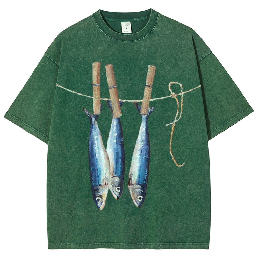 Unisex Sardines Printed Casual Washed T-shirt