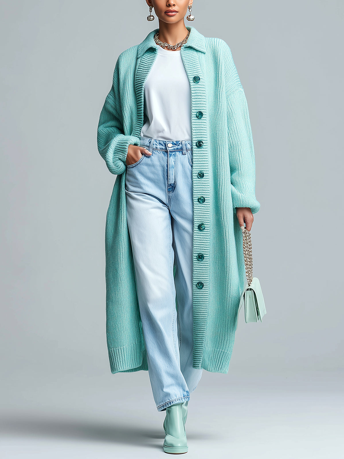 Taidalw Chic Casual Mint Green Lapel Single-Breasted Maxi-Length Slouchy Knit Cardigan