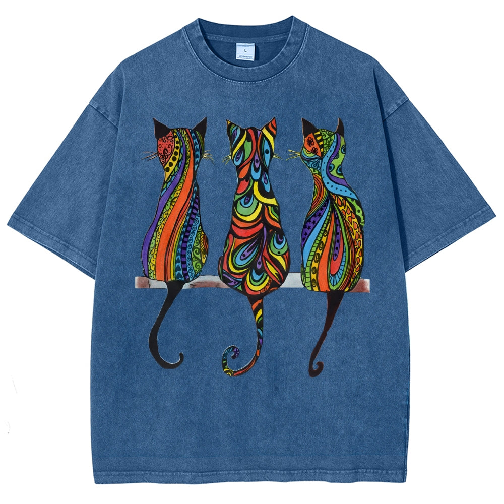 Unisex Colorful Geometric Cat Printed Washed Tee