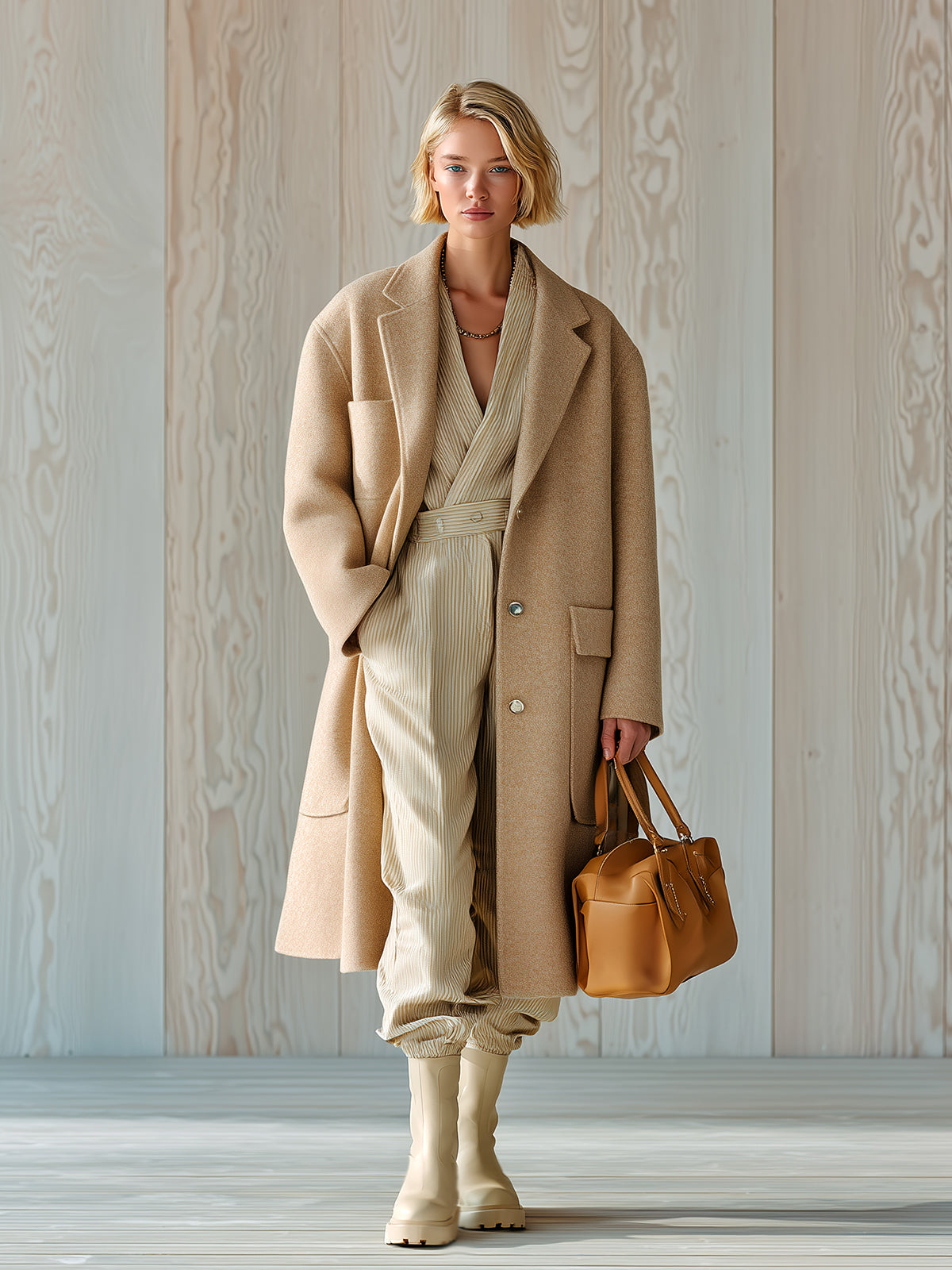 Taidalw Chic Vintage Khaki Wool Blend Notched Collar Single-Breasted Large Pocket Slouchy Wram Mid-Length Coat