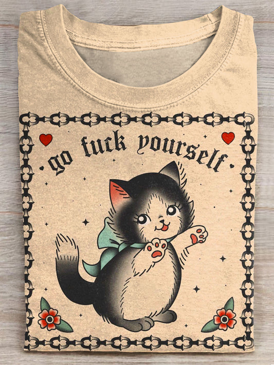 Vintage Meme Cat Art Print Casaul Short Sleeve T-shirt