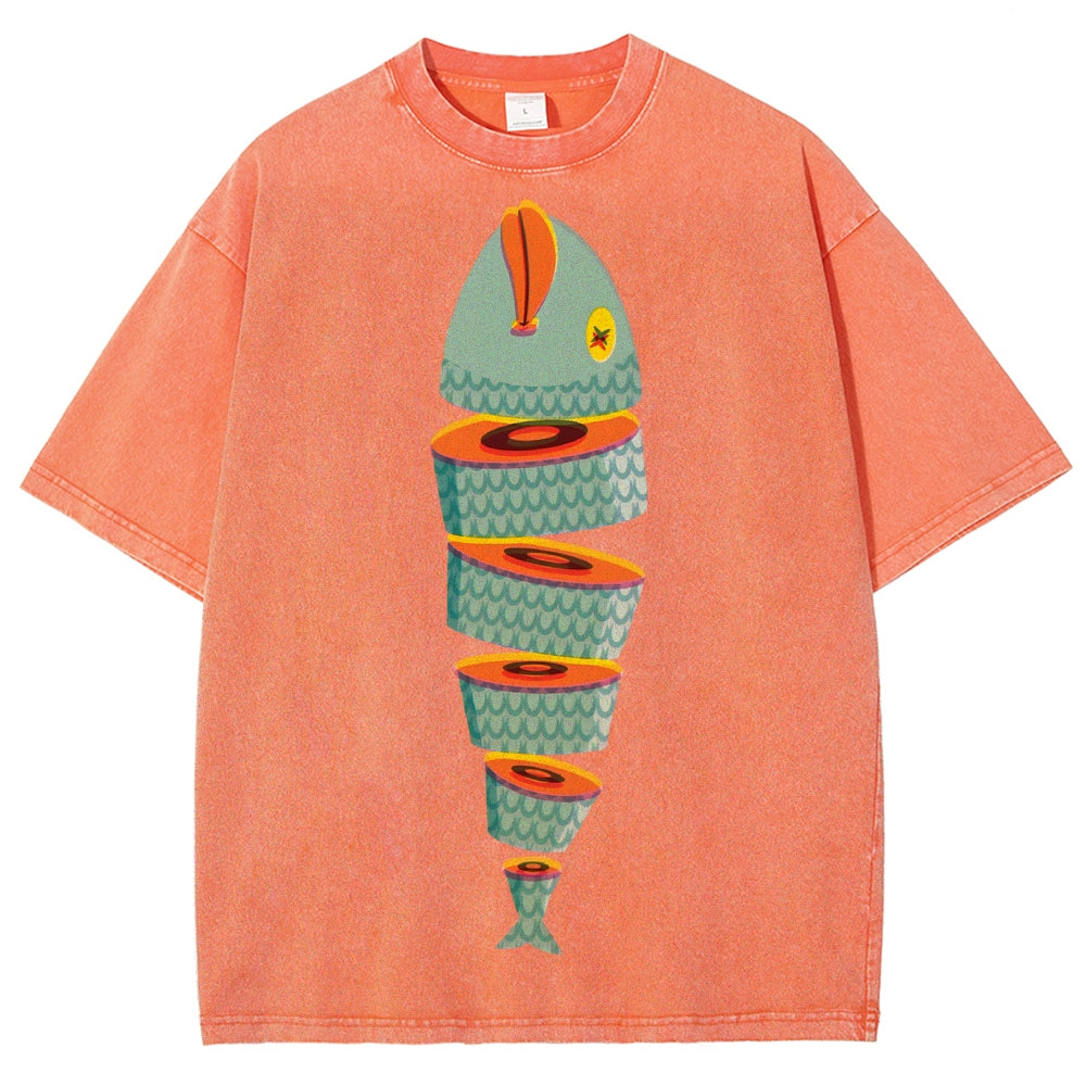Unisex Fish Printed Washed Tee