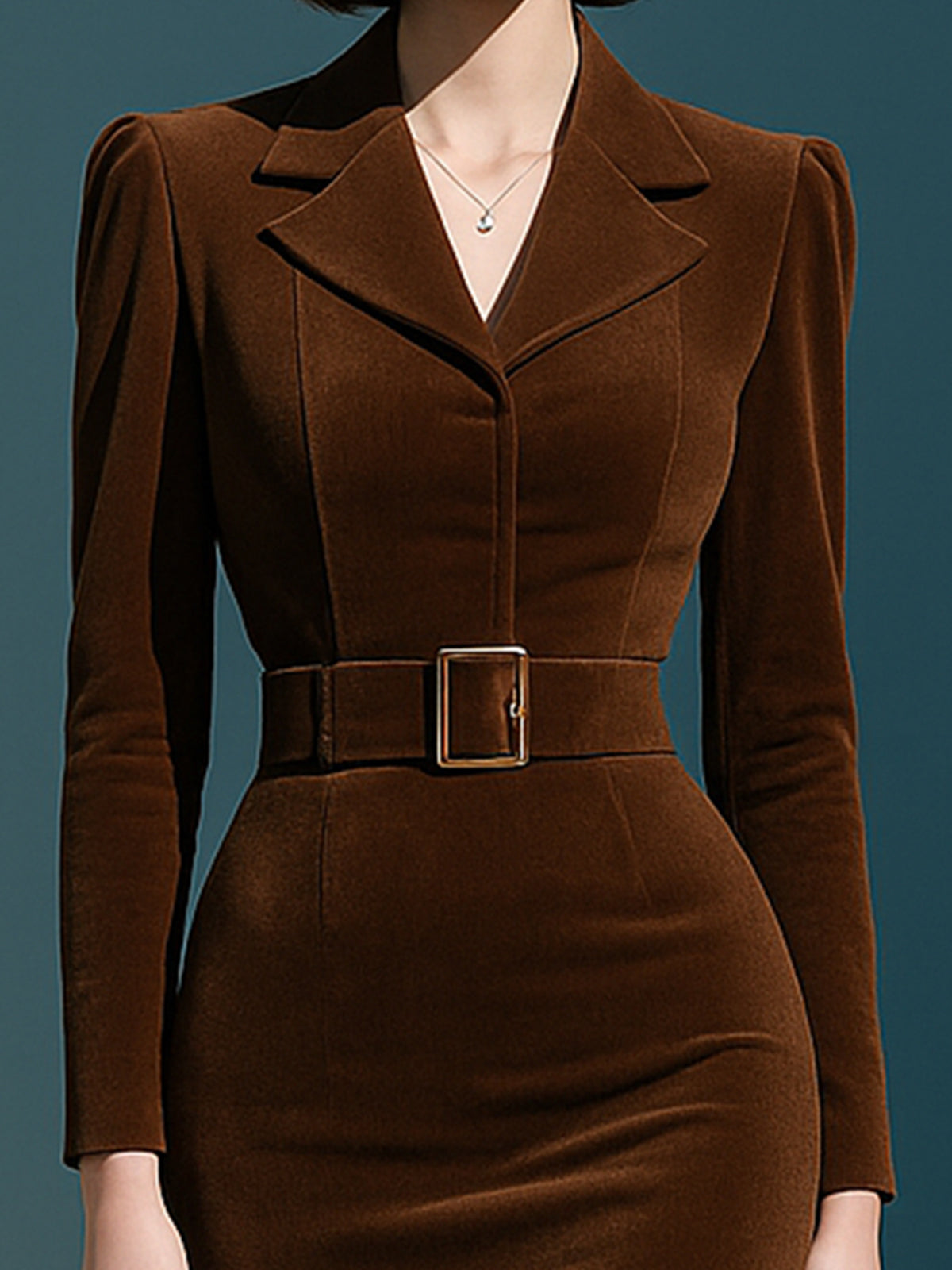 Taidalw Elegant Vintage Dark Brown Velvet Notched Collar Peplum Hem Belted Long Sleeve Midi Dress
