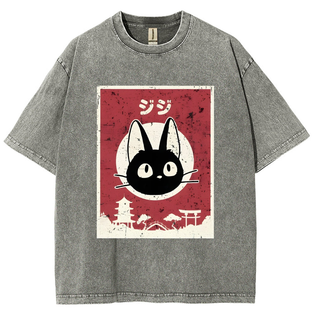 Unisex Cat Printed Washed Tee