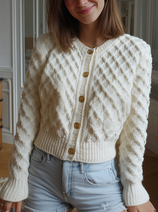 Taidalw Casual Chic Cream White Cable Knit Crew Neck Gold Button Cropped Cardigan