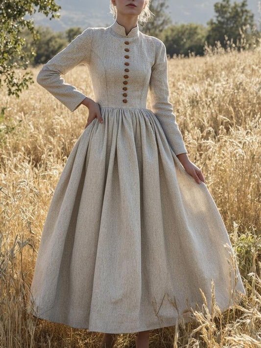 Maxi Linen Dress, Long Sleeve, Stand Collar, Linen Blend, Plain, Vintage, Apricot