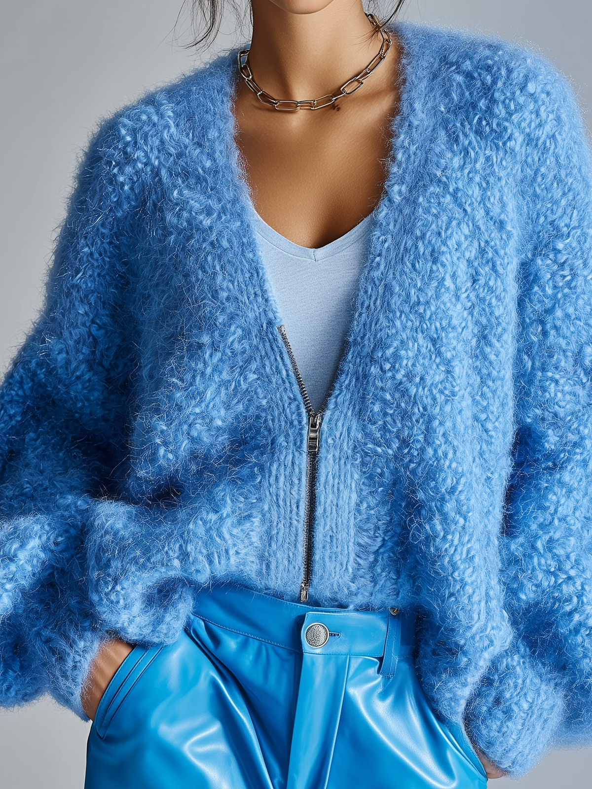 Taidalw Stylish Casual Blue V-Neck Zipper-Front Loose Plush Knit Cardigan