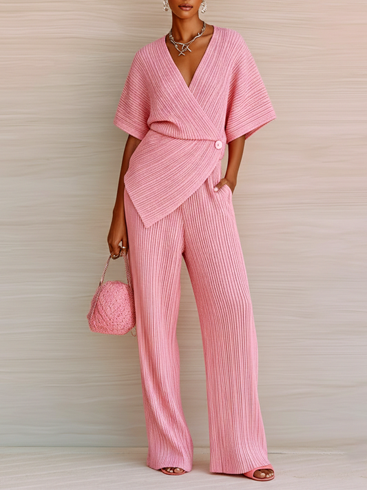 Taidalw Stylish Elegant Pink V-Neck Short-Sleeve Loose Sweater Wide-Leg Pants Knit Two-Piece Set