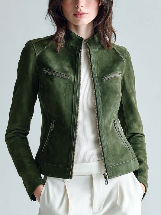 Taidalw Chic Vintage Olive Green Faux Suede Stand-Collar Zipper Slim-Fit Cropped Biker Jacket