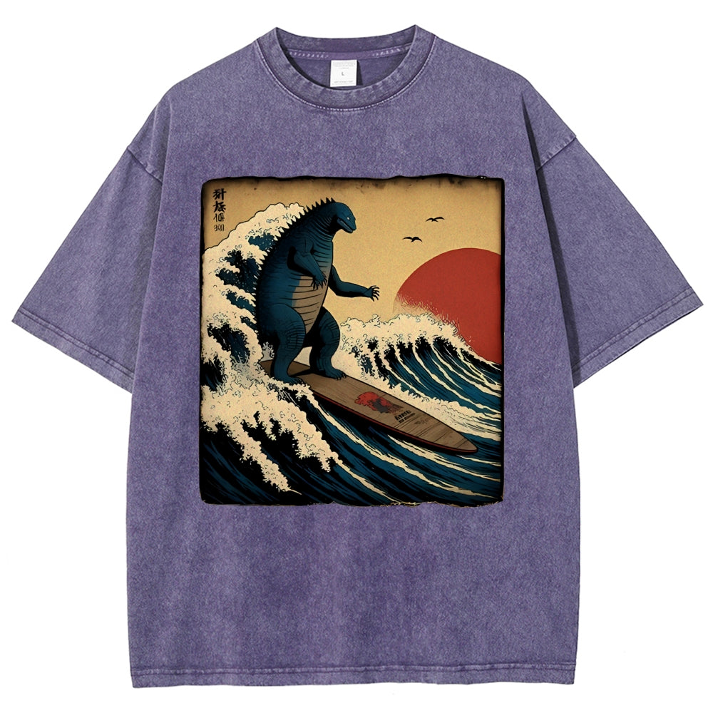 Unisex Vintage Japanese illustration Printed Washed Tee