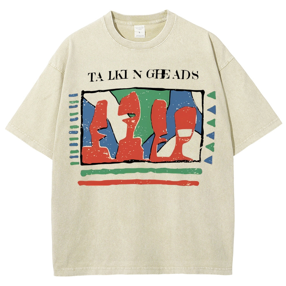 Unisex Abstract Art Portrait Printed Washed Tee