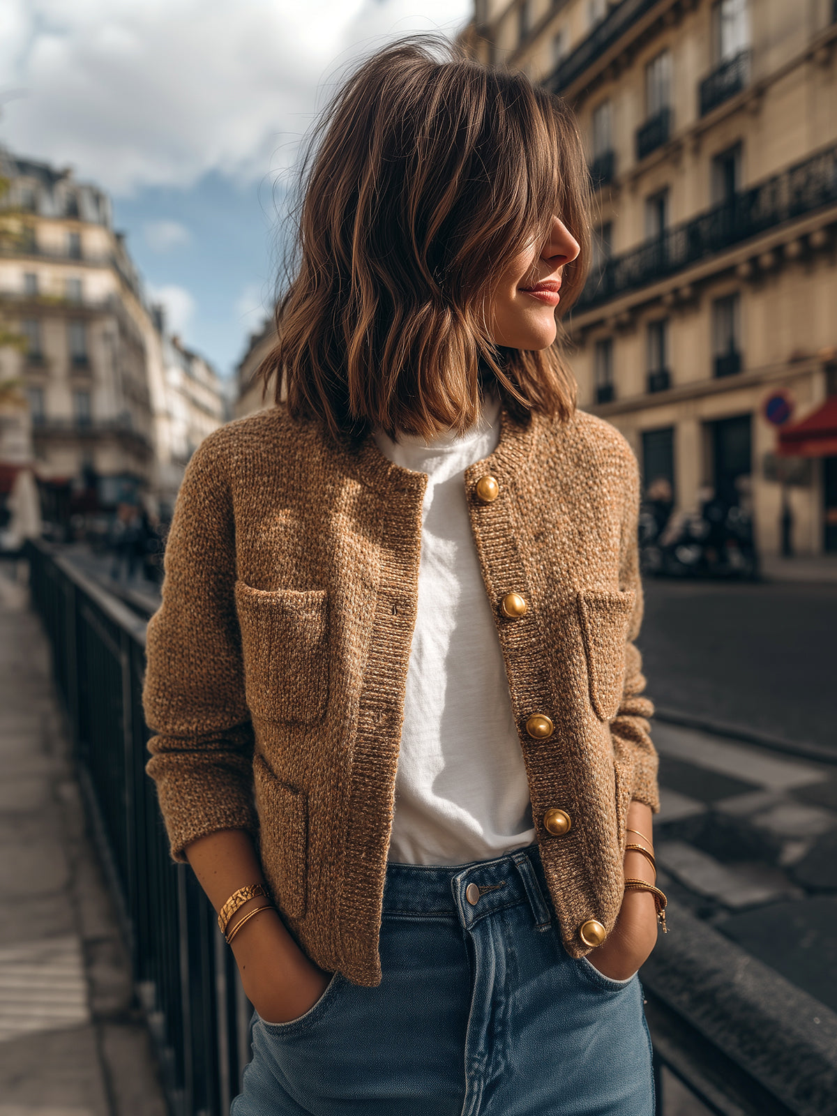 Taidalw Casual Chic Camel Crew Neck Gold Button Multi-Pocket Cropped Knit Cardigan