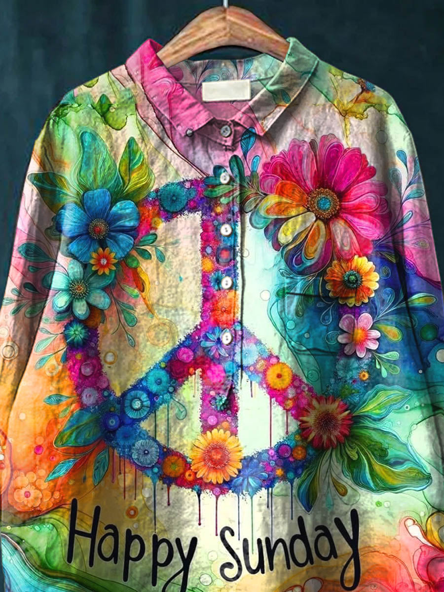 Happy Sunday Peace And Love Flower Art Pattern Print Casual Cotton And Linen Shirt