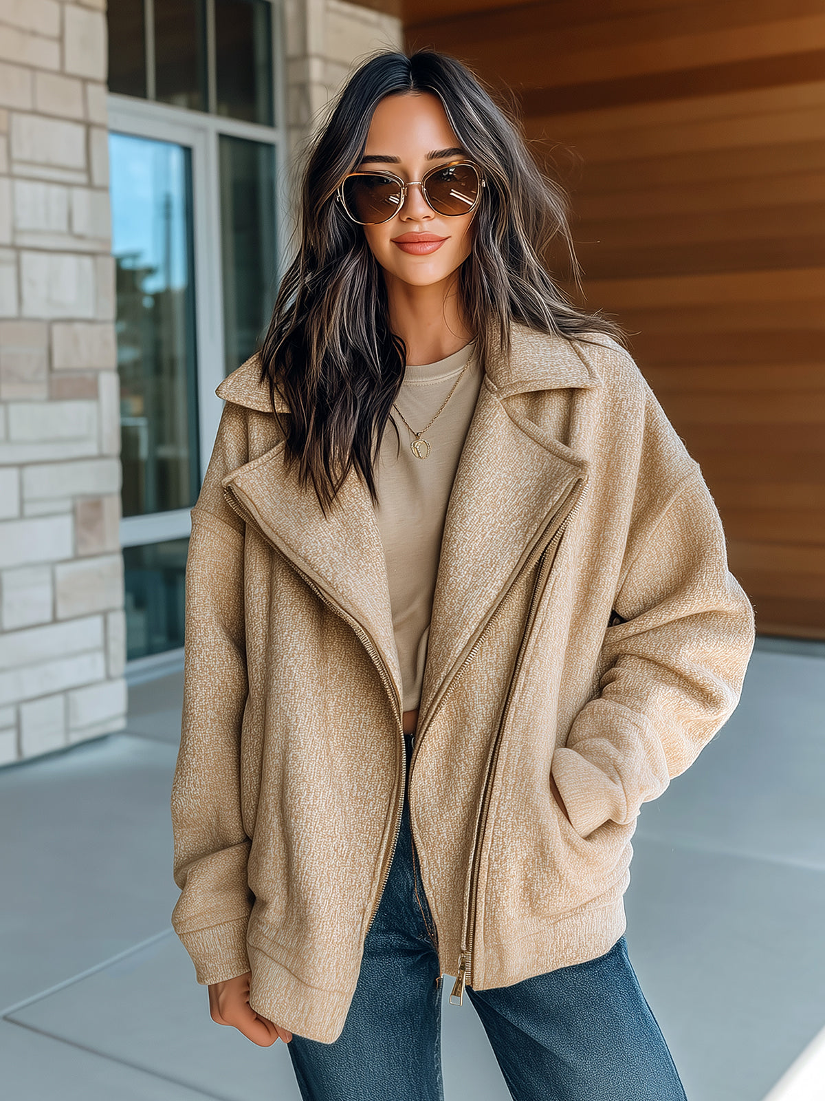 Taidalw Casual Chic Cotton Blend Oversized Asymmetrical Zip Collared Jacket