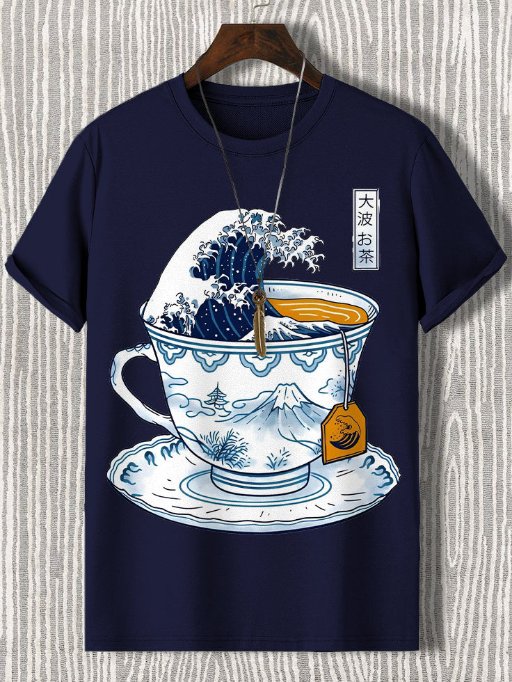 100% Cotton Wave Art In A Teacup Japanese Art Print  Casual T-Shirt