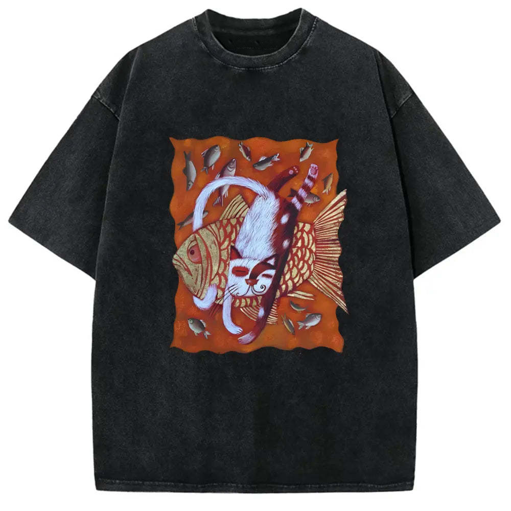 Art Fish And Cat Print Unisex T-shirt