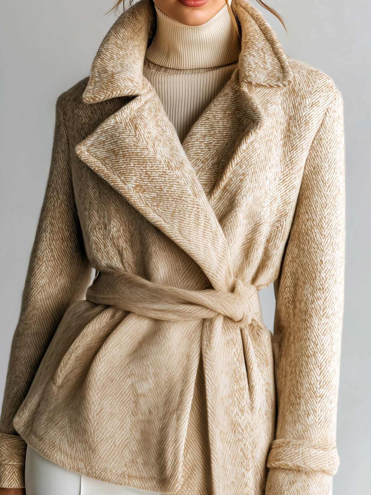 Taidalw Chic Vintage Khaki Herringbone Wool Blend Shawl Lapel Belted Short Jacket