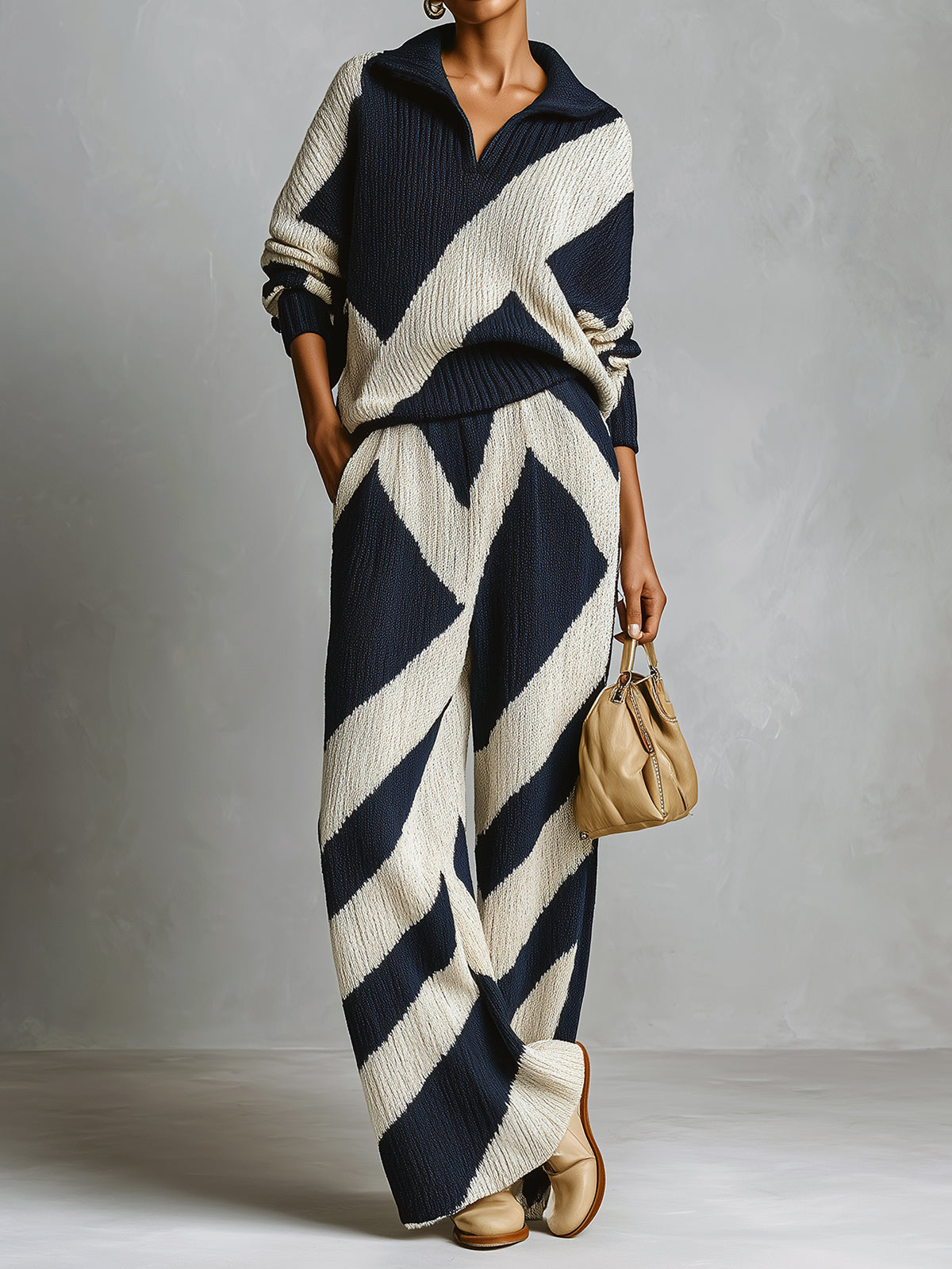 Taidalw Chic Elegant Geometric Jacquard Lapel Long-sleeved Polo Sweater Wide-leg Pants Knitted Two-piece Set