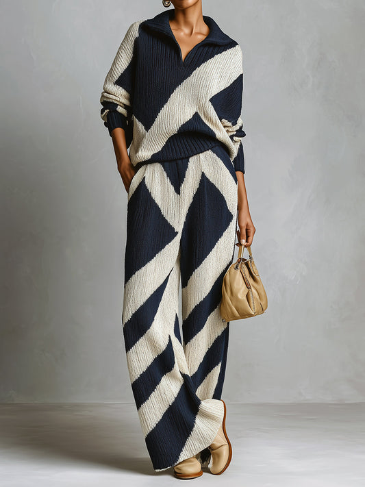 Taidalw Chic Elegant Geometric Jacquard Lapel Long-sleeved Polo Sweater Wide-leg Pants Knitted Two-piece Set
