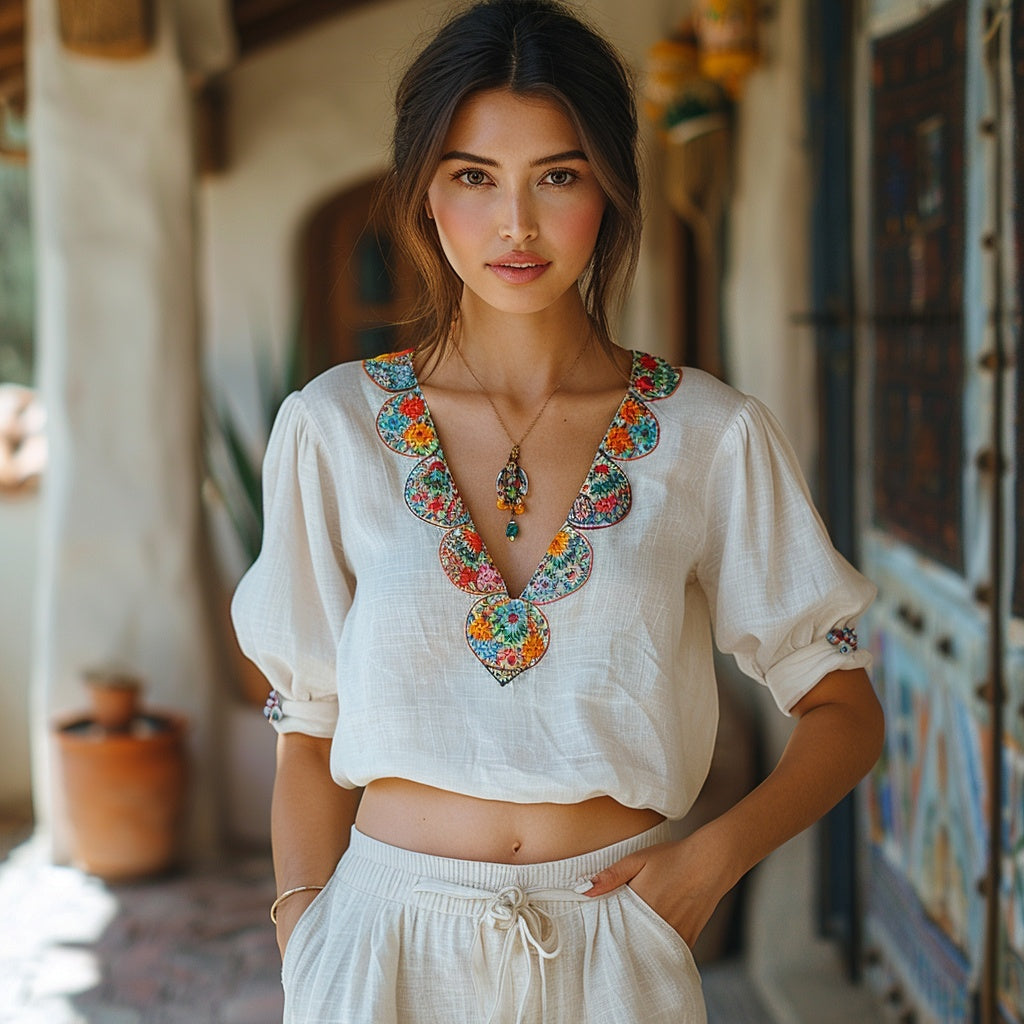 Women's Summer Bohemian Style Beach Vacation Linen Top