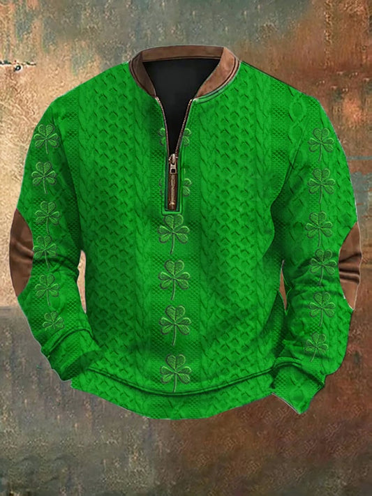 Men's Braided Jacquard St. Patrick's Day Embroidered Zip-Up Sweatshirt