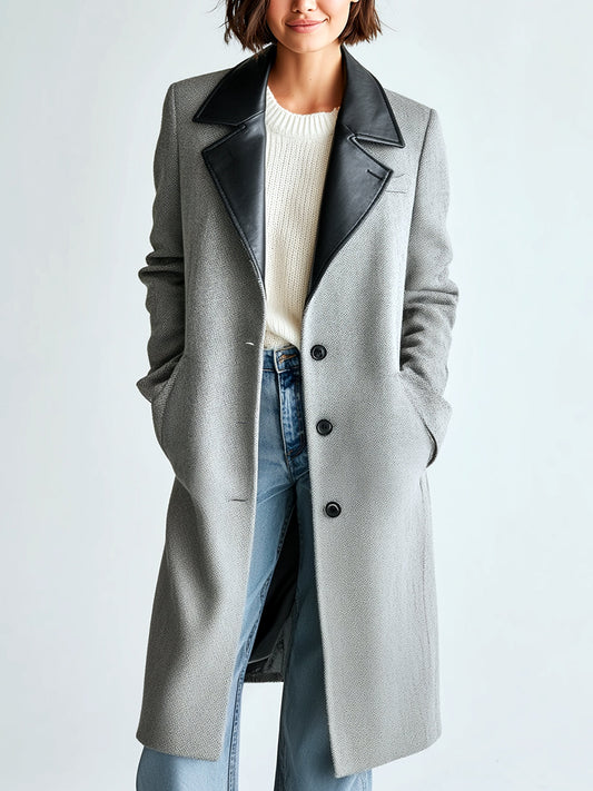 Taidalw Chic Vintage Gray Hherringbone Wool Blend PU-Trimmed Collar Single-Breasted Longline Sophisticated Coat