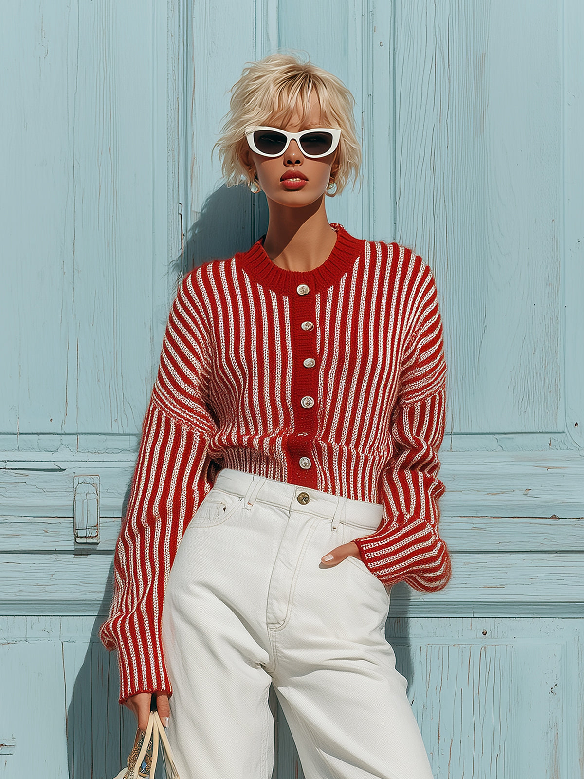 Taidalw Chic Vintage Red Pinstripes Round-Neck Single-Breasted Long-Sleeve Slim-Fit Knit Cardigan