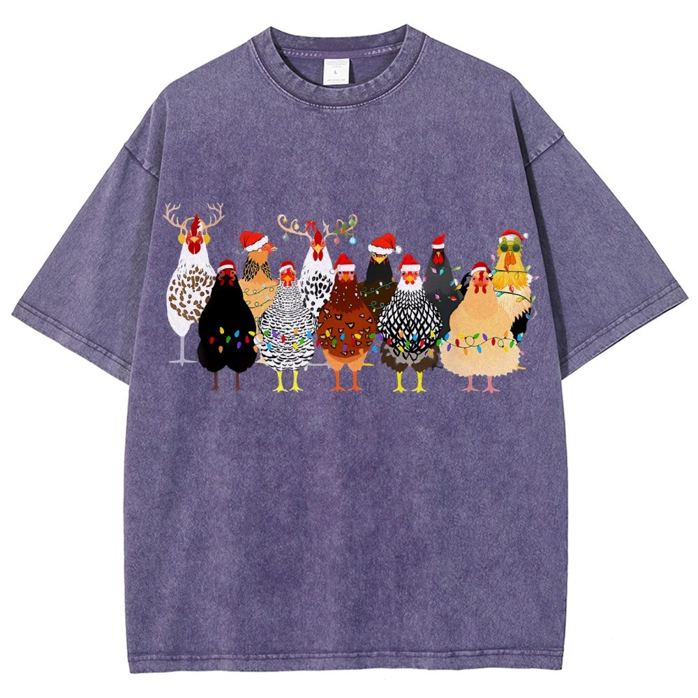 Unisex Christmas Chicken Printed Washed Tee