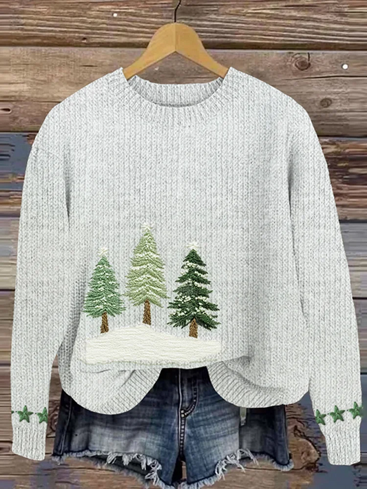 Women's Christmas Tree Art Print Crew Neck Casual Knit Pullover