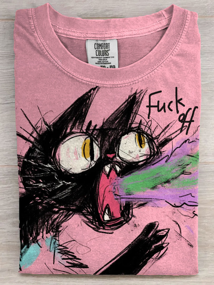 Funny Cat growl Fuk Off Art Print Casaul Short Sleeve T-shirt