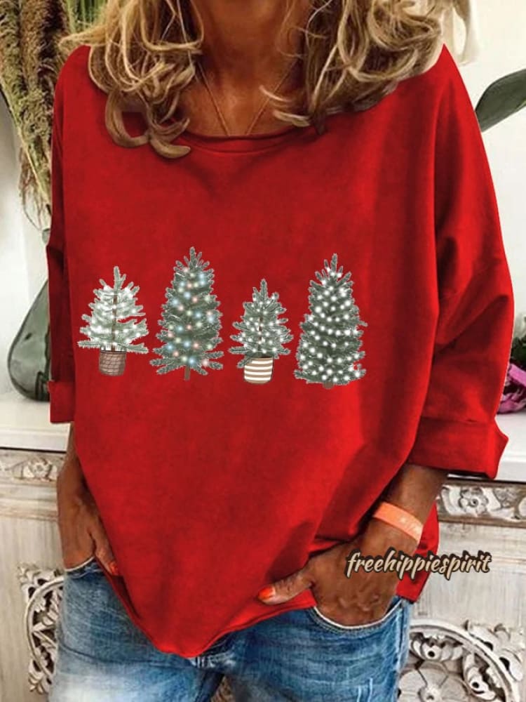 Women's Vintage Christmas Printed Long Sleeve V-Neck Top