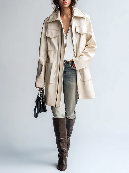 Taidalw Chic Vintage Cream White Faux Leather Oversized Pocket Lapel Zipper- Front Mid-Length Utility Coat