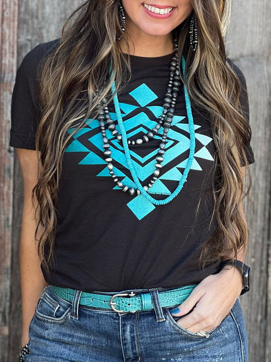 Women's Western Aztec Print Short Sleeve T-Shirt-black&grey