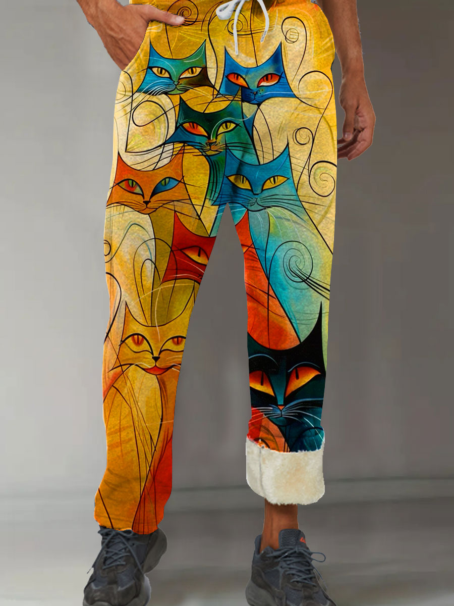 Men's Abstrct Cat Art Print Casual Winter Fleece Comfy Pants