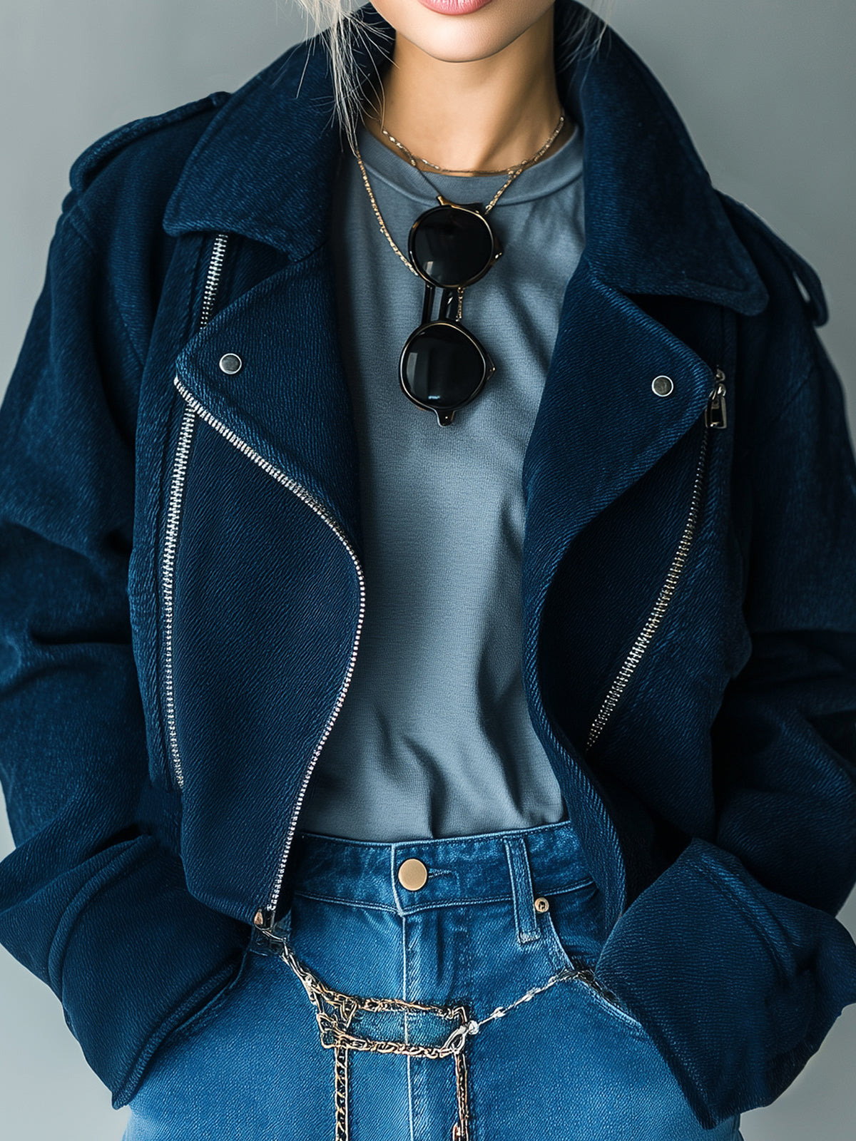 Taidalw Casual Cool Navy Blue Washed Twill Cotton Blend Lapel Zip-Front Cropped Biker Jacket