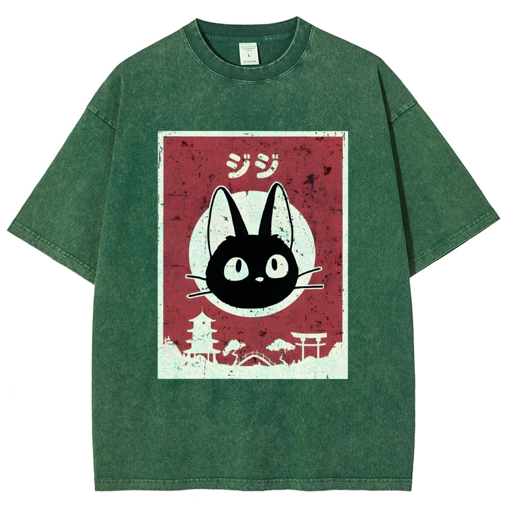 Unisex Cat Printed Washed Tee