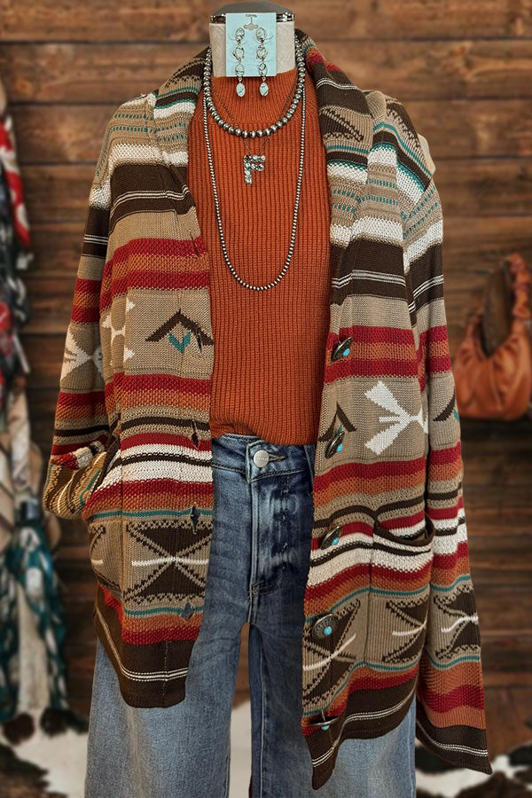 Classic Striped Aztec Buttoned Knitted Cardigan